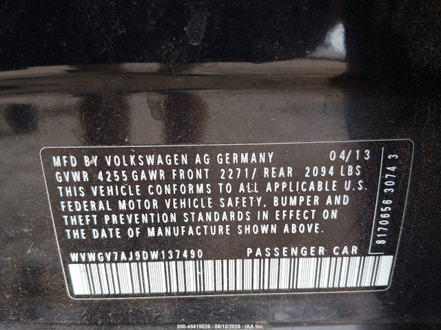 Aukcja sprzedaży 2013 Volkswagen Gti Wolfsburg Edition, vin: WVWGV7AJ9DW137490, numer aukcji: 45415026