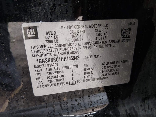 Продажа на аукционе авто 2017 Chevrolet Tahoe Lt, vin: 1GNSKBKC1HR145942, номер лота: 45415050