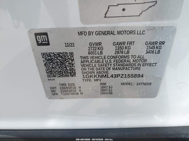 Auction sale of the 2023 Gmc Acadia Fwd Slt, vin: 1GKKNML43PZ155894, lot number: 45415058