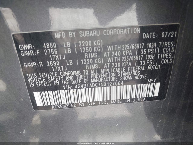 Продажа на аукционе авто 2022 Subaru Outback Premium, vin: 4S4BTADC7N3127064, номер лота: 45415060