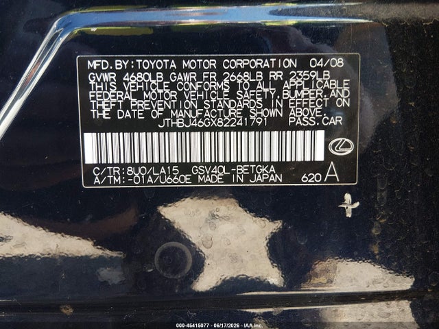 Aukcja sprzedaży 2008 Lexus Es 350, vin: JTHBJ46GX82241791, numer aukcji: 45415077
