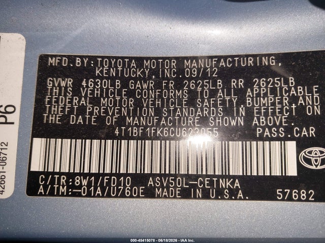 Продажа на аукционе авто 2012 Toyota Camry Le, vin: 4T1BF1FK6CU623055, номер лота: 45415078