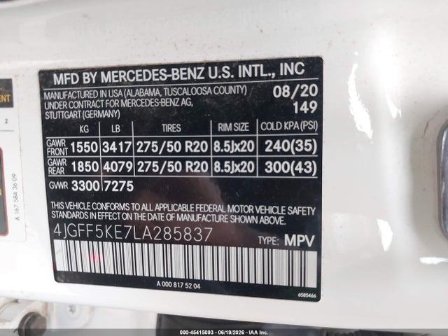 45415093 :رقم المزاد ، 4JGFF5KE7LA285837 vin ، 2020 Mercedes-benz Gls 450 4matic مزاد بيع