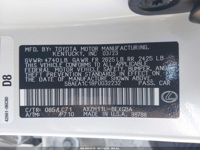 Aukcja sprzedaży 2023 Lexus Es 300h Luxury, vin: 58AEA1C18PU032232, numer aukcji: 45415118