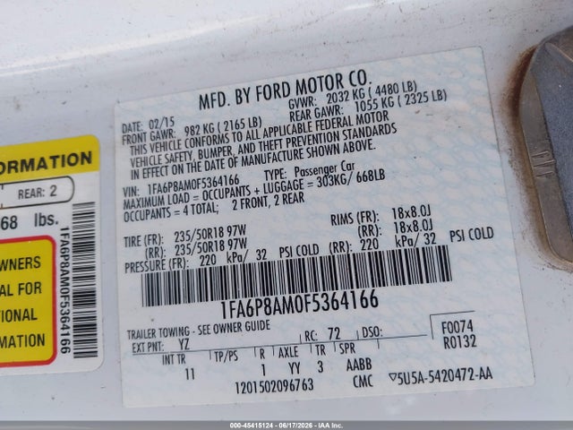 Aukcja sprzedaży 2015 Ford Mustang V6, vin: 1FA6P8AM0F5364166, numer aukcji: 45415124