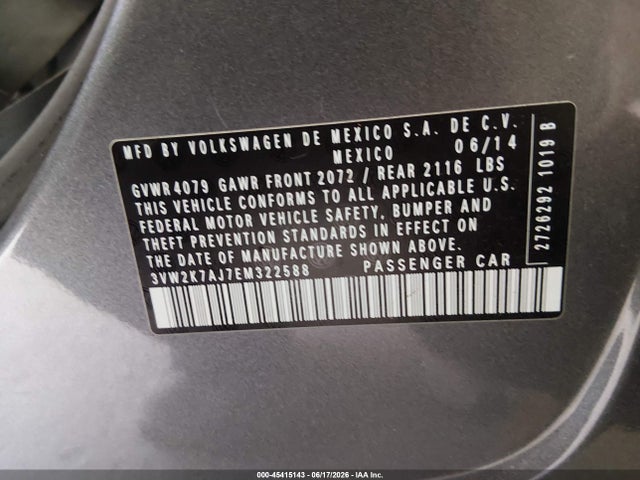 Продажа на аукционе авто 2014 Volkswagen Jetta 2.0l S, vin: 3VW2K7AJ7EM322588, номер лота: 45415143