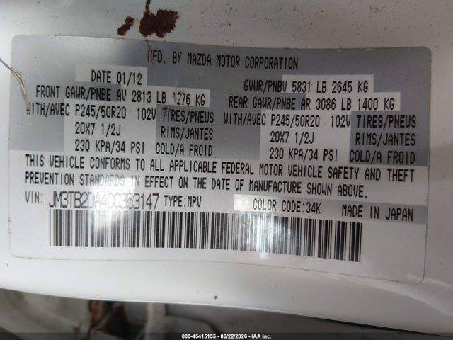 Aukcja sprzedaży 2012 Mazda Cx-9 Grand Touring, vin: JM3TB2DA4C0353147, numer aukcji: 45415155