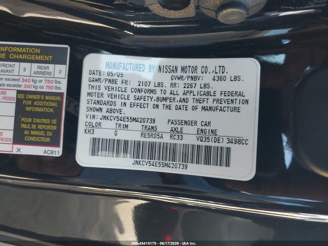 Продаж на аукціоні авто 2005 Infiniti G35, vin: JNKCV54E55M420739, номер лоту: 45415170