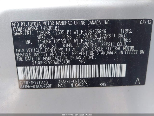 Aukcja sprzedaży 2013 Toyota Rav4 Limited, vin: 2T3DFREV8DW073496, numer aukcji: 45415182