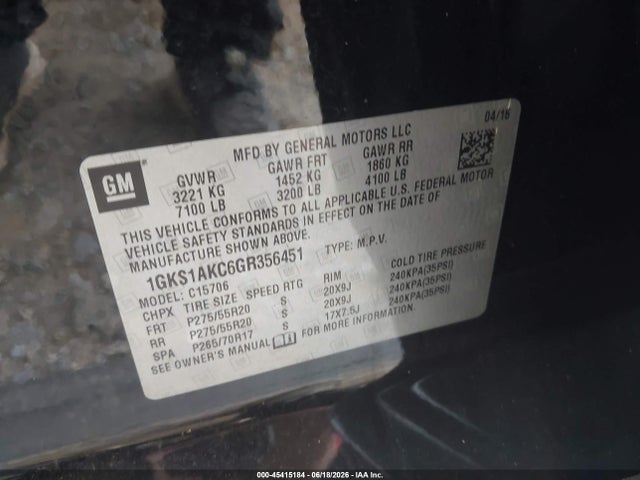 Продаж на аукціоні авто 2016 Gmc Yukon Sle, vin: 1GKS1AKC6GR356451, номер лоту: 45415184