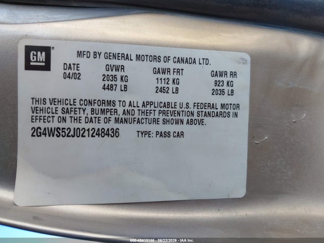 Aukcja sprzedaży 2002 Buick Century Custom, vin: 2G4WS52J021248436, numer aukcji: 45415186