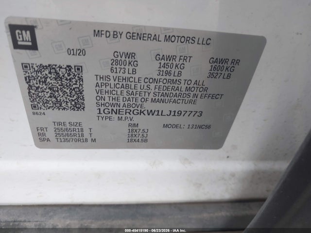 2020 Chevrolet Traverse Fwd Lt Cloth მანქანა იყიდება აუქციონზე, vin: 1GNERGKW1LJ197773, აუქციონის ნომერი: 45415190
