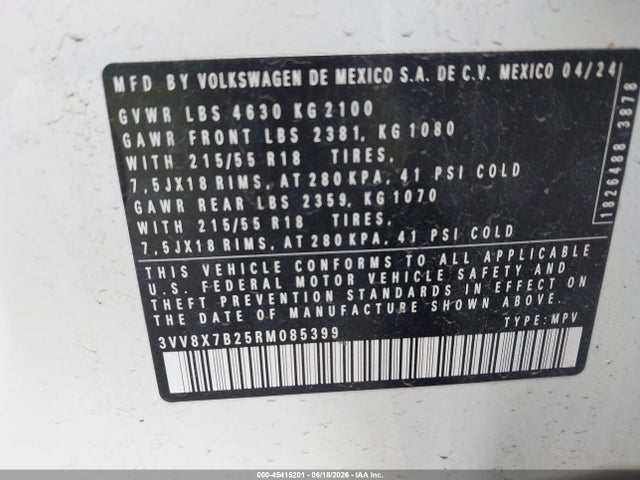 Aukcja sprzedaży 2024 Volkswagen Taos 1.5t S, vin: 3VV8X7B25RM085399, numer aukcji: 45415201
