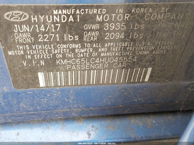Auction sale of the 2017 Hyundai Ioniq Hybrid Blue, vin: KMHC65LC4HU045554, lot number: 45415223