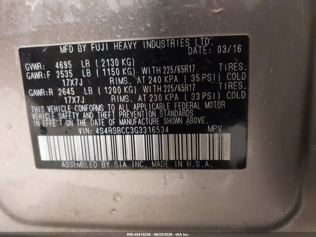 45415236 :رقم المزاد ، 4S4BSBCC3G3316534 vin ، 2016 Subaru Outback 2.5i Premium مزاد بيع