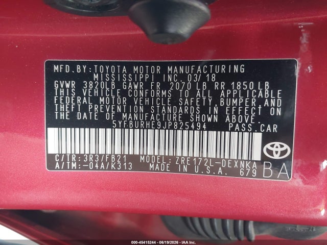 Toyota COROLLA LE 2018 5YFBURHE9JP825494 Image 9