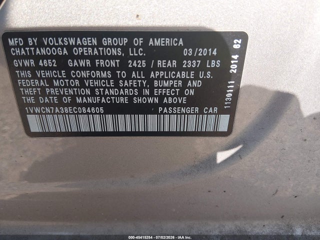 45415254 :رقم المزاد ، 1VWCN7A38EC084605 vin ، 2014 Volkswagen Passat 2.0l Tdi Sel Premium مزاد بيع