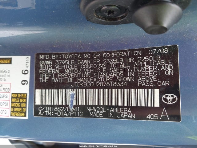 Aukcja sprzedaży 2008 Toyota Prius Touring, vin: JTDKB20U287818334, numer aukcji: 45415258