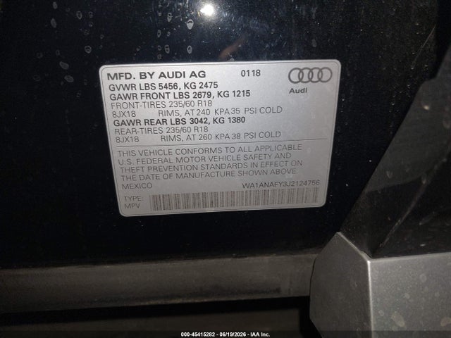2018 Audi Q5 2.0t Premium/2.0t Tech Premium მანქანა იყიდება აუქციონზე, vin: WA1ANAFY3J2124756, აუქციონის ნომერი: 45415282
