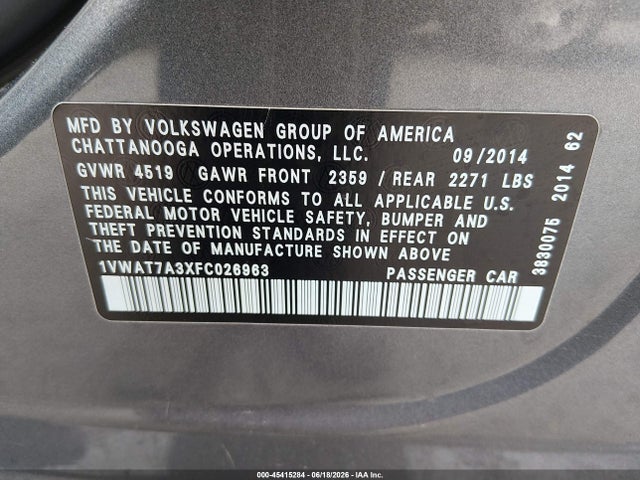 1VWAT7A3XFC026963 Volkswagen Passat 1.8t S