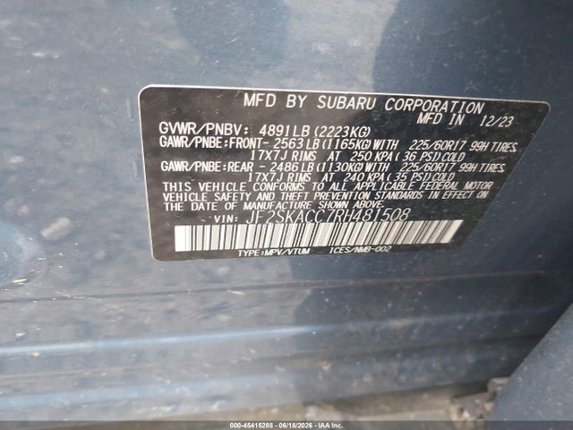 Aukcja sprzedaży 2024 Subaru Forester Premium, vin: JF2SKACC7RH481508, numer aukcji: 45415288