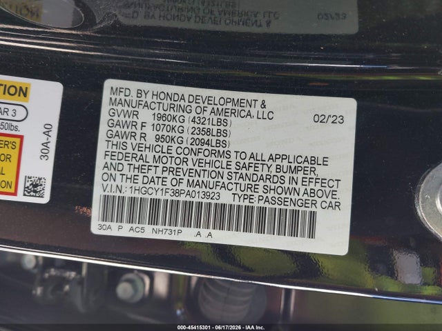1HGCY1F38PA013923 Honda ACCORD EX