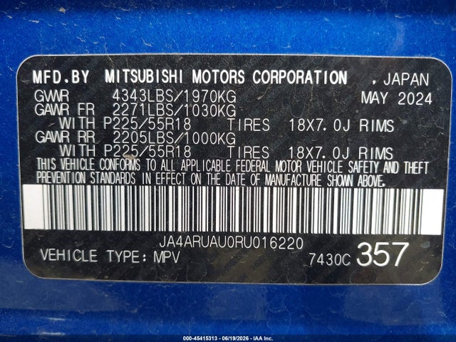 45415313 :رقم المزاد ، JA4ARUAU0RU016220 vin ، 2024 Mitsubishi Outlander Sport 2.0 Es Awc/2.0 Le Awc/2.0 Ralliart Awc/2.0 S Awc/2.0 Se Awc/2.0 Trail Edition Awc مزاد بيع
