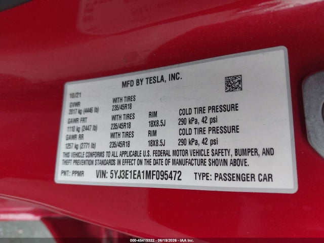 Tesla Model 3 Standard Range Plus Rear-wheel Drive 2021 5YJ3E1EA1MF095472 Image 9