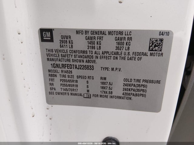 Продаж на аукціоні авто 2010 Chevrolet Traverse Lt, vin: 1GNLRFED7AJ226833, номер лоту: 45415339