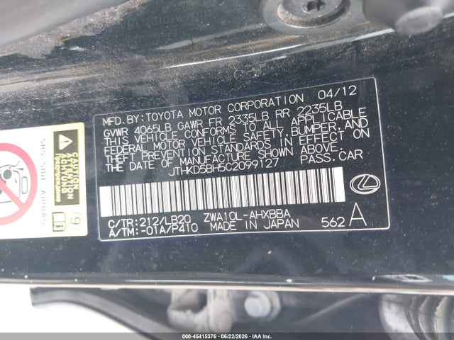 Продажа на аукционе авто 2012 Lexus Ct 200h Premium, vin: JTHKD5BH5C2099127, номер лота: 45415376