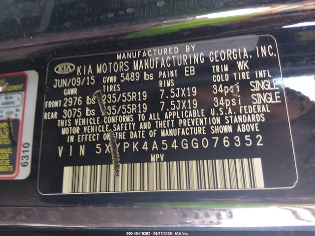 5XYPK4A54GG076352 KIA Sorento 3.3l Sxl