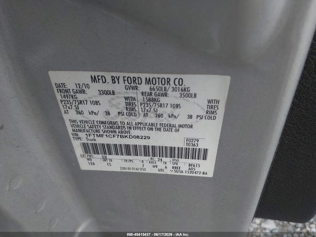 Aukcja sprzedaży 2011 Ford F-150 Stx/xl/xlt, vin: 1FTMF1CF7BKD08229, numer aukcji: 45415437