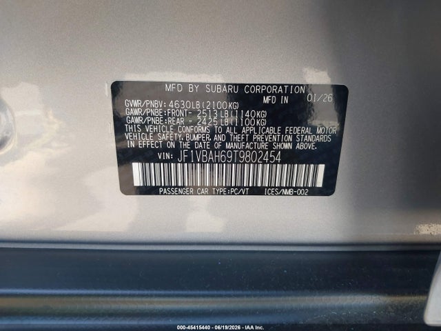 Auction sale of the 2026 Subaru Wrx Premium, vin: JF1VBAH69T9802454, lot number: 45415440