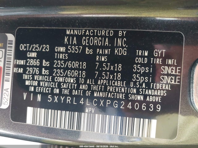 45415448 :رقم المزاد ، 5XYRL4LCXPG240639 vin ، 2023 Kia Sorento S مزاد بيع