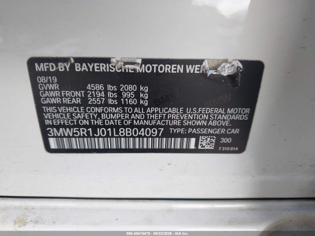 Aukcja sprzedaży 2020 Bmw 330i, vin: 3MW5R1J01L8B04097, numer aukcji: 45415475