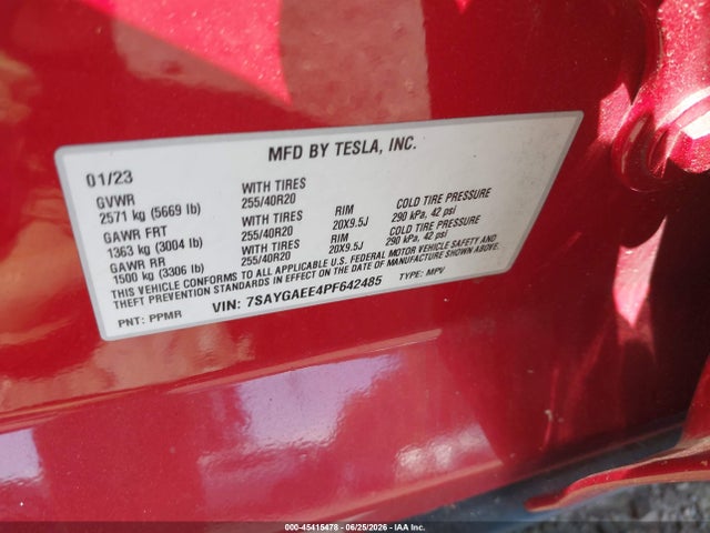 Продажа на аукционе авто 2023 Tesla Model Y Awd/long Range Dual Motor All-wheel Drive, vin: 7SAYGAEE4PF642485, номер лота: 45415478