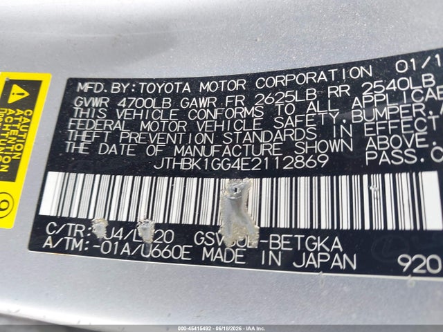 2014 Lexus Es 350 მანქანა იყიდება აუქციონზე, vin: JTHBK1GG4E2112869, აუქციონის ნომერი: 45415492