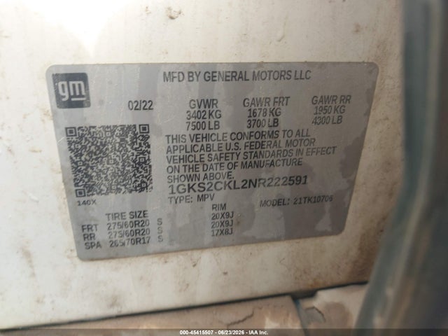 Продаж на аукціоні авто 2022 Gmc Yukon 4wd At4, vin: 1GKS2CKL2NR222591, номер лоту: 45415507