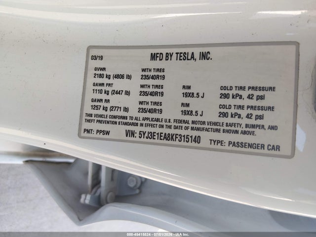 Tesla Model 3 Long Range/mid Range/standard Range/standard Range Plus 2019 5YJ3E1EA8KF315140 Image 9