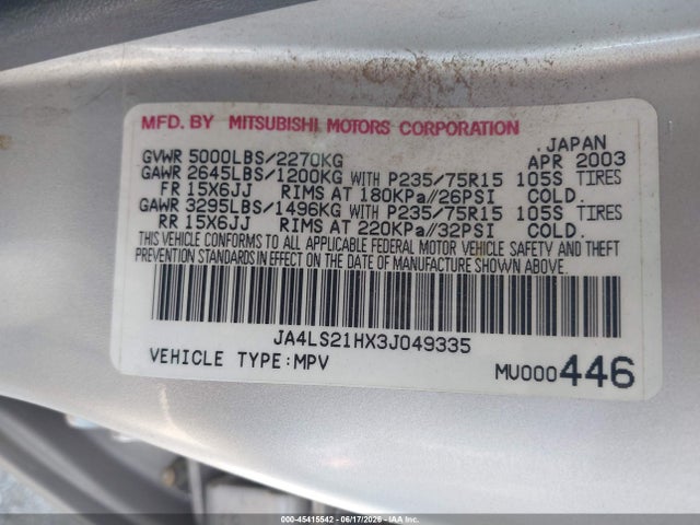 Aukcja sprzedaży 2003 Mitsubishi Montero Sport Es/ls, vin: JA4LS21HX3J049335, numer aukcji: 45415542
