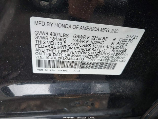 Aukcja sprzedaży 2021 Acura Ilx Standard, vin: 19UDE2F3XMA004333, numer aukcji: 45415547