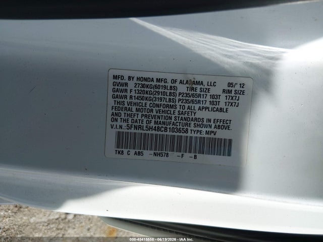 Aukcja sprzedaży 2012 Honda Odyssey Ex, vin: 5FNRL5H48CB103658, numer aukcji: 45415558