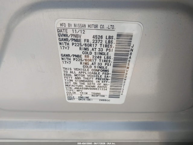 Продажа на аукционе авто 2013 Nissan Rogue Sv, vin: JN8AS5MV8DW621334, номер лота: 45415560