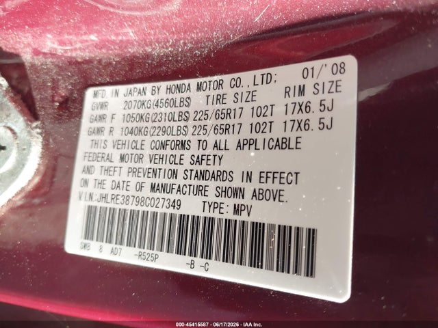 45415587 :رقم المزاد ، JHLRE38798C027349 vin ، 2008 Honda Cr-v Ex-l مزاد بيع