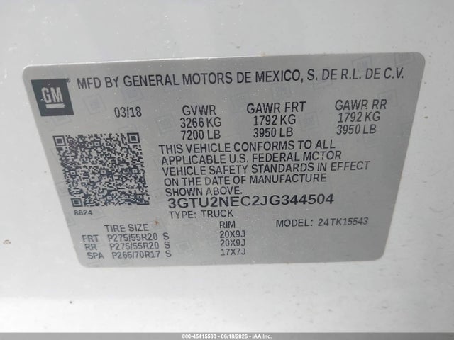 Продаж на аукціоні авто 2018 Gmc Sierra 1500 Slt, vin: 3GTU2NEC2JG344504, номер лоту: 45415593