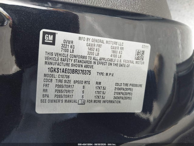 Aukcja sprzedaży 2011 Gmc Yukon Sle, vin: 1GKS1AE03BR376375, numer aukcji: 45415594