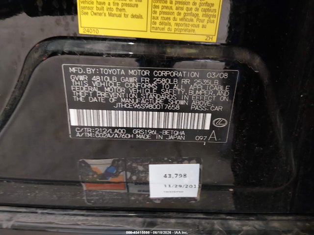 Aukcja sprzedaży 2008 Lexus Gs 350, vin: JTHCE96S980017658, numer aukcji: 45415598