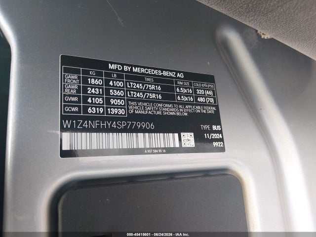 45415601 :رقم المزاد ، W1Z4NFHY4SP779906 vin ، 2025 Mercedes-benz Sprinter 2500 Standard Roof 4-cyl Diesel Ho مزاد بيع
