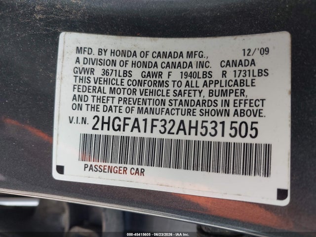 2010 Honda Civic Vp მანქანა იყიდება აუქციონზე, vin: 2HGFA1F32AH531505, აუქციონის ნომერი: 45415605