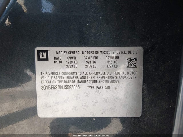 2018 Chevrolet Cruze Lt Auto მანქანა იყიდება აუქციონზე, vin: 3G1BE6SM4JS593846, აუქციონის ნომერი: 45415624